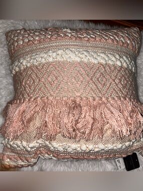 Magaschoni Pink and Cream Boho Textured Fringe Accent Pillow